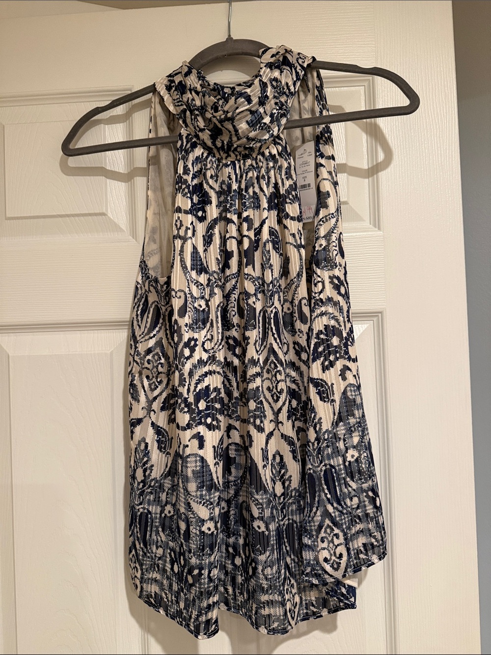 Sleeveless Navy and White Halter Neck Top